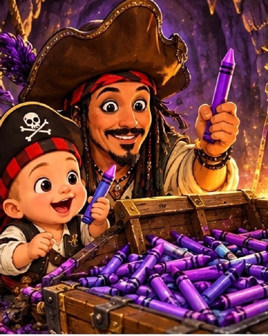 Captain Poppy and Jack Miles discovering a treasure chest overflowing with purple crayons