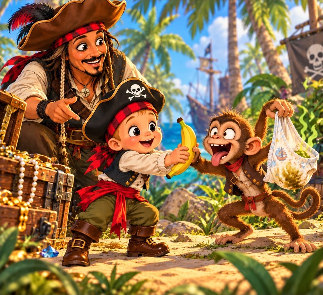 Captain Poppy, Little Jack Miles, and their playful monkey on a tropical island